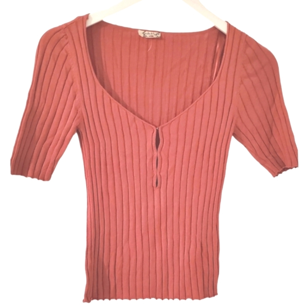 Intimately by  Free People Casual Ribbed Short Sleeve Scoop Neck Top Dark Pink S